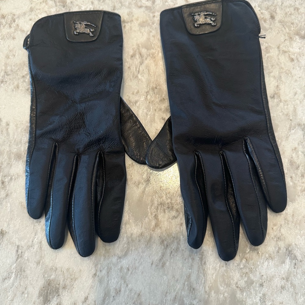 Burberry Dark Leather Gloves with Emblem
